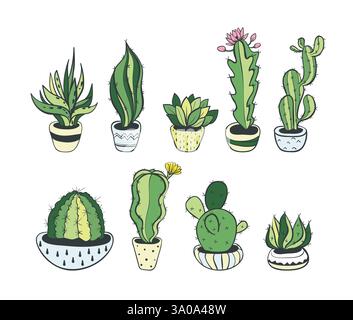Set con graziosi cactus, illustrazione vettoriale EPS 10. Illustrazione Vettoriale