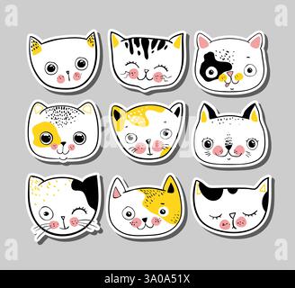 Set di felini, simpatici gattini, perfetti per t-shirt, adesivi, stampe e altro ancora Illustrazione Vettoriale