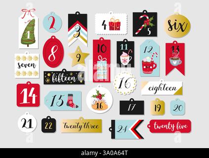 Collezione di etichette stampabili astratte per Natale e Capodanno. Calendario dell'avvento. Illustrazione vettoriale. Illustrazione Vettoriale