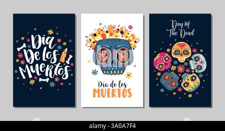 Dia de Los Muertos, giorno messicano dei morti, set di biglietti d'auguri con scritte disegnate a mano, fiori, teschi Illustrazione Vettoriale