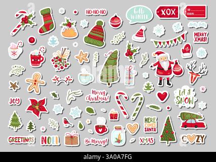 Set di etichette regalo per buon Natale e felice anno nuovo, modelli stampabili di biglietti per le feste, design di etichette. Illustrazione vettoriale Illustrazione Vettoriale