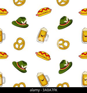 Sfondo bianco con motivo Oktoberfest senza cuciture. Sfondo dell'Oktoberfest. Ripetizione continua vettoriale. Illustrazione vettoriale Bavarian Oktoberfest EPS10 Illustrazione Vettoriale