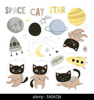 Set di elementi con simpatici gatti astronauti in caschi, lettere e pianeti per tessuto, scrapbooking, involucro, carta da parati, design per bambini, tessile Illustrazione Vettoriale