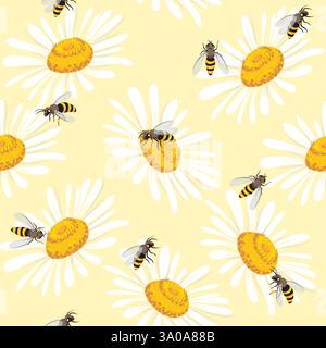 Grazioso motivo senza cuciture con api e fiori. Illustrazione vettoriale Illustrazione Vettoriale