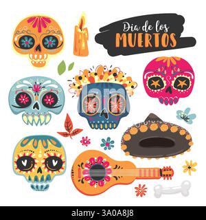 Festa messicana giorno dei morti. Set di teschio di zucchero, fiori, scritta dia de los Muertos . Illustrazione Vettoriale