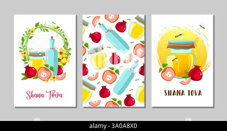 Set di Shana tova, Rosh hashanah, Capodanno ebraico, biglietto di auguri festivi. Illustrazione Vettoriale
