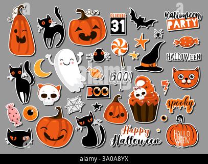 Set di adesivi, badge, elementi per lo scrapbooking. Buon set di halloween. Festa di Halloween, vettore Illustrazione Vettoriale