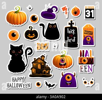 Set di adesivi, badge, elementi per lo scrapbooking. Buon set di halloween. Festa di Halloween, vettore Illustrazione Vettoriale