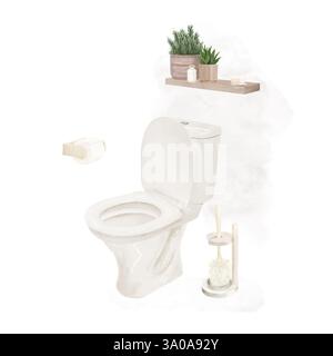 Ciotola, ripiano in legno e spazzolino. Illustrazione digitale acquerello. Clip art del bagno isolata su sfondo bianco. Sapone, carta igienica hol Foto Stock