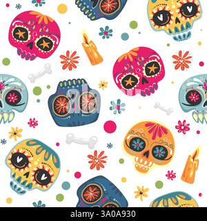 Festa messicana giorno dei morti , dia de los Muertos . Motivo senza cuciture con teschi di zucchero e fiori. Illustrazioni vettoriali Illustrazione Vettoriale