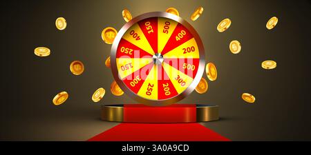 Ruota della fortuna o della fortuna. Ruota colorata del gioco d'azzardo, monete volanti e tappeto rosso. Casinò online. Casinò con Internet. Illustrazione vettoriale Illustrazione Vettoriale