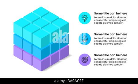 Modello infografico con icone e 3 opzioni o passaggi. Cubo isometrico. Può essere utilizzato per layout del flusso di lavoro, diagrammi, banner, webdesign. Illustrati vettoriali Illustrazione Vettoriale