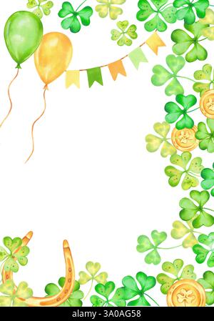 Trifoglio con mongolfiera e ferro di cavallo dorato di garland, moneta per il giorno di San Patrizio. Cornice verticale, spazio di copia. Illustrazioni in acquerello. Isolato disegnato a mano Foto Stock
