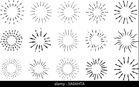 Gli elementi grafici Sun creano uno stile di schizzo a scarabocchio. Set di contorni rotondi sole, esplosione, scoppio di luce. Illustrazione grafica lineare disegnata a mano, grafica vettoriale Illustrazione Vettoriale