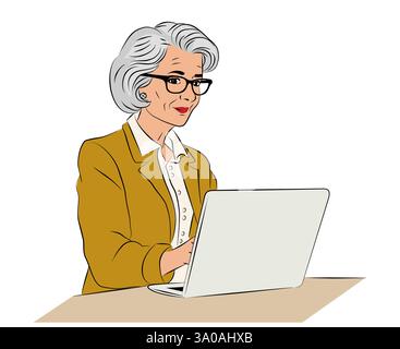 Donna d'affari anziana seduta, che lavora su un notebook Illustrazione Vettoriale