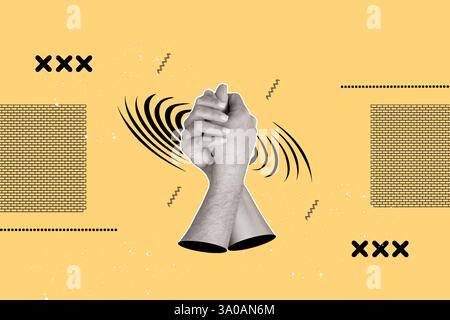 Le mani di uomo e donna si agganciavano su uno sfondo giallo con linee, punti e forme di mattoni Foto Stock