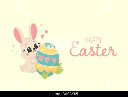 Grazioso coniglietto pasquale che abbraccia un grande uovo decorato. Vettore disegnato a mano per carte, stampe, adesivi e inviti Illustrazione Vettoriale