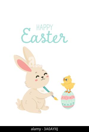 Coniglietto di Pasqua dipingere un uovo con una bella ragazza. Illustrazione cartoni animati per bambini, adesivi, stampe e decorazioni per feste Illustrazione Vettoriale