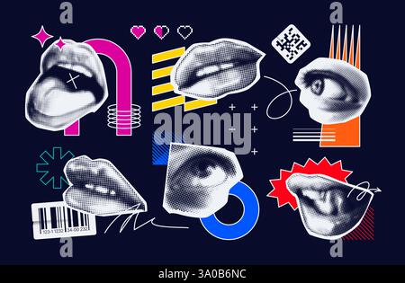 Una vivace collezione di elementi grafici astratti con labbra mezzitoni, occhi, forme geometriche audaci e codici a barre. Perfetto per pop art, design psichedelici e punk. Formato vettoriale. Illustrazione Vettoriale