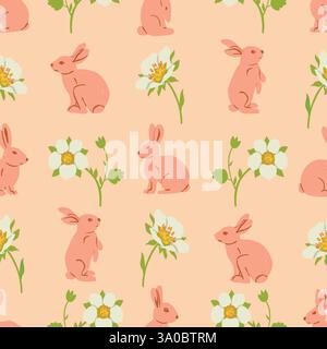 Simpatici coniglietti e fiori su sfondo rosa. Motivo senza cuciture vettoriale pasquale Illustrazione Vettoriale
