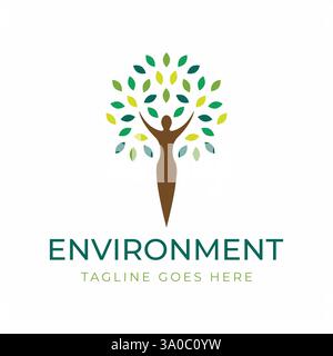 Logo ecocompatibile con simbolo dell'albero umano per la crescita e l'ambiente di cura della comunità Illustrazione Vettoriale