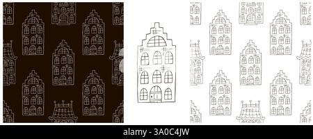 Case monocromatiche. Crea un simpatico motivo urbano senza cuciture. Disegna a mano i tessuti, ecc. Illustrazione Vettoriale