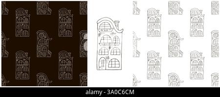 Crea pattern di città senza interruzioni. Case monocromatiche. Disegna a mano i tessuti Illustrazione Vettoriale