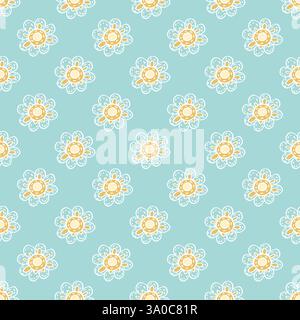 Motivo senza cuciture. Fiori folcloristici blu boho con motivi tribali in stile cottagecore scandinavo. Stampa con disegno a mano per i tessuti Illustrazione Vettoriale