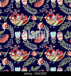 Motivo senza cuciture. Fiori e uccelli colorati e tribali boho in stile cottagecore scandinavo. Stampa per design in tessuto, tessuto, involucro p Illustrazione Vettoriale