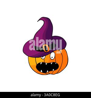 Elemento decorativo, scrapbooking. Zucca in un cappello da strega. Illustrazione di Halloween in stile disegno a mano. Elemento del tuo design, icona carina Illustrazione Vettoriale