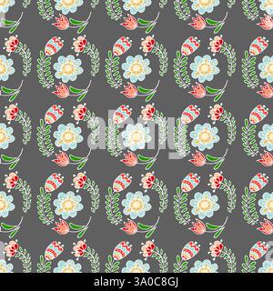 Motivo senza cuciture. Fiori di boho tribali grigi in stile cottagecore scandinavo. Stampa in stile disegno a mano, creata per tessuti, imballaggi, Illustrazione Vettoriale