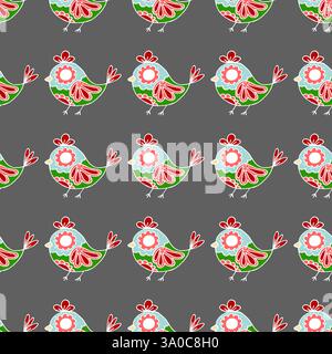 Motivo grigio senza cuciture. Ornamento di uccelli popolari. Disegna a mano, stoffe, ecc. Illustrazione Vettoriale