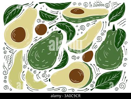 Avocado. Set di illustrazioni a colori in stile disegno a mano. Contorno bianco. Design per cartoline, volantini, striscioni. Icone, cartelli, adesivi, logo dei perni Illustrazione Vettoriale