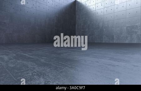 Sala industriale vuota con pareti e pavimento in cemento 3d. Foto Stock