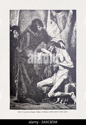 Illustrazione raffigurante Luigi IX di Francia che consola un lebbroso dopo un dipinto di Albert Maignan prodotto nel 1878. Foto Stock