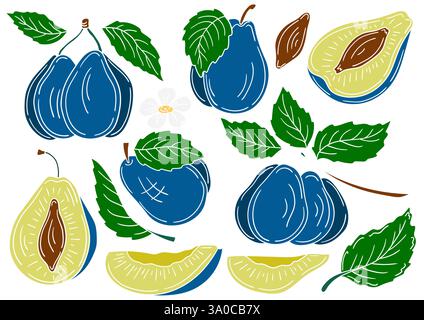 Prugna. Set di illustrazioni a colori in stile disegno a mano. Contorno bianco. Design per cartoline, volantini, striscioni. Icone, cartelli, adesivi, logo dei perni Illustrazione Vettoriale