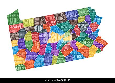 Forma della Pennsylvania. State Word cloud con divisione contea. Illustrazione colorata Pennsylvania. I nomi delle contee sono nubi. Illustrazione vettoriale. Illustrazione Vettoriale