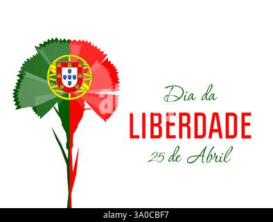 Buon giorno della Liberazione aprile 25 biglietto di auguri portoghese. Cartolina creativa del giorno della rivoluzione del garofano del Portogallo con fiore, interno e isolato Illustrazione Vettoriale