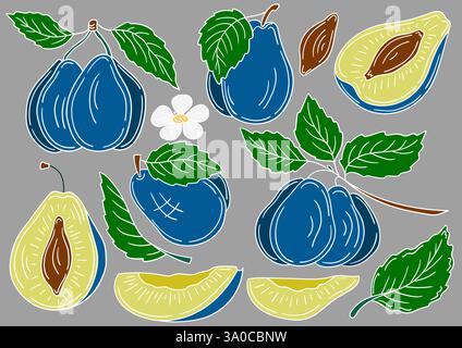 Prugna. Serie di illustrazioni a colori in stile disegno a mano su sfondo grigio. Contorno bianco. Design per cartoline, volantini, striscioni. Icone, cartelli, adesivi, Illustrazione Vettoriale