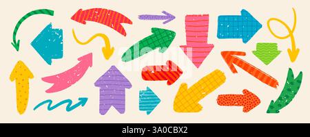 Frecce vettoriali disegnate a mano con vari motivi in stile rustico rustico. Illustrazione Vettoriale