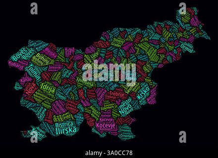 Word Cloud in Slovenia. Nomi delle regioni del paese in lingua slovena. Design luminoso in stile neon su sfondo scuro. Illustrazione Vettoriale