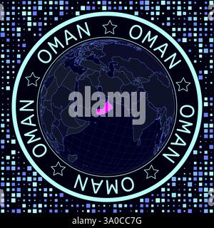 Oman sul vettore del globo. Futuristica visione satellitare del mondo incentrata sull'Oman. Illustrazione geografica con forma di sfondo paese e quadrati. Illustrazione Vettoriale