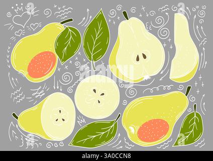 Pera. Serie di illustrazioni a colori in stile disegno a mano su sfondo grigio. Contorno bianco. Design per cartoline, volantini, striscioni. Icone, cartelli, adesivi, Illustrazione Vettoriale