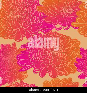Fiori rosa stilizzato, arancio crisantemo illustrazione linea Primavera Crisanthemum Fiori. Vettore disegnato a mano. Carta da parati, tessuto Illustrazione Vettoriale