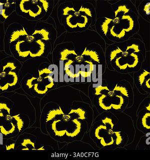 Motivo astratto floreale Pansy, disegno linea giallo farfalla stilizzato con uccello pansy decorativo, motivo floreale per carta da parati nera, Halloween Illustrazione Vettoriale