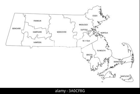 Stato del Massachusetts suddiviso in 14 contee, delineate la mappa. Commonwealth of Massachusetts, uno stato nella regione del New England degli Stati Uniti. Foto Stock