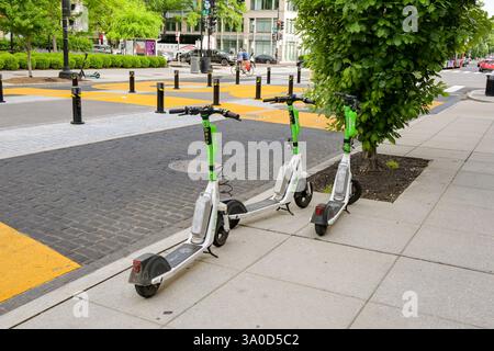Washington DC, USA - 30 aprile 2024: Scooter elettrici in calce a noleggio su un marciapiede nel centro di Washington DC Foto Stock