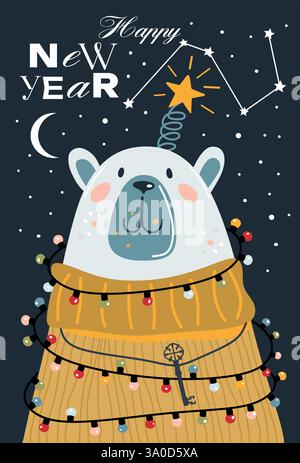 Biglietto di Natale con un simpatico orso polare e luci sullo sfondo del cosmo Illustrazione Vettoriale