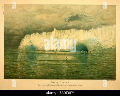 Harriman Alaska series, Washington, 1910-1914, Alaska, Natural History, Scientific Expeditions, Un maestoso paesaggio ghiacciato presenta torreggianti ghiacciai che si innalzano drammaticamente dalle tranquille acque sottostanti. La scena cattura l'interazione di luce e ombra sul ghiaccio, evidenziando le fessure e i crepacci delle massicce formazioni. In lontananza, si può vedere una piccola barca, sottolineando la scala dei giganti ghiacciati che la circondano. I colori si spostano dal blu freddo dell'acqua a tonalità più calde che illuminano le scogliere ghiacciate, creando un'atmosfera serena ma maestosa. Questa illustrazione mostra Foto Stock