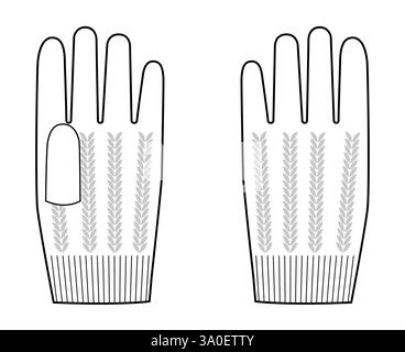Guanti in lana a maglia corta accessori per mano moda indumenti per illustrazione tecnica. Vista posteriore del palmo frontale vettoriale per uomo donna, modello piatto unisex, contorno schizzo modello CAD Illustrazione Vettoriale